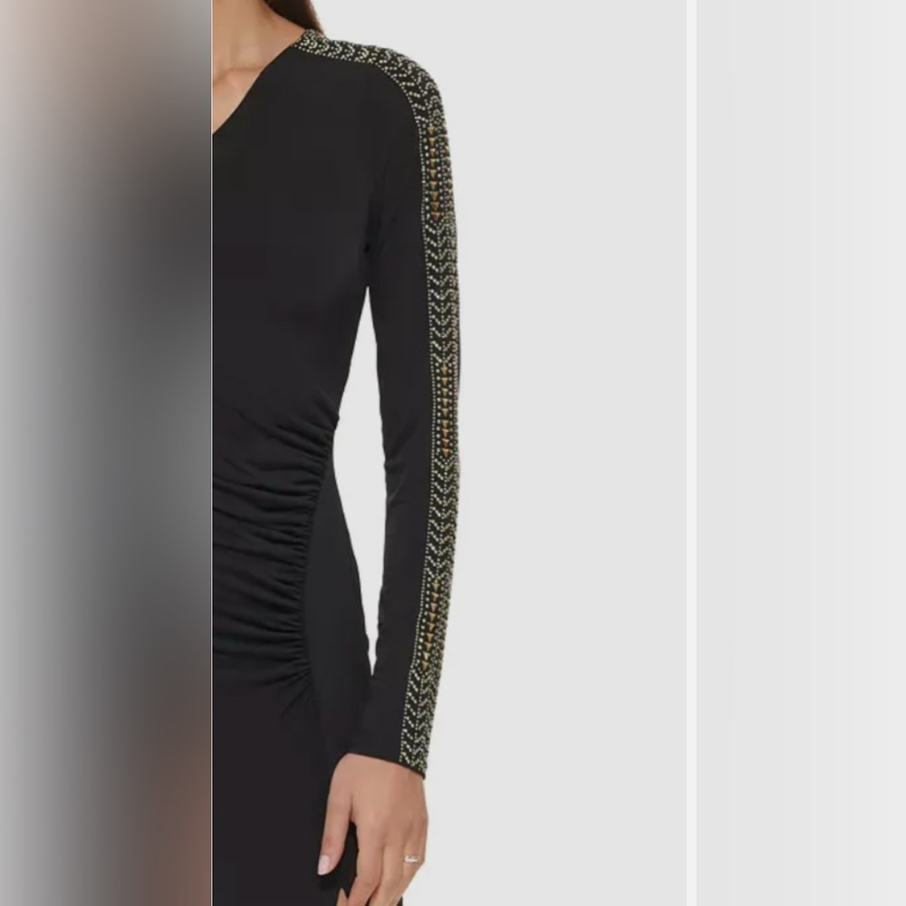 Guess Black One-Shoulder Dress with Gold Embellished-Sleeve Accents - Picture 5 of 5